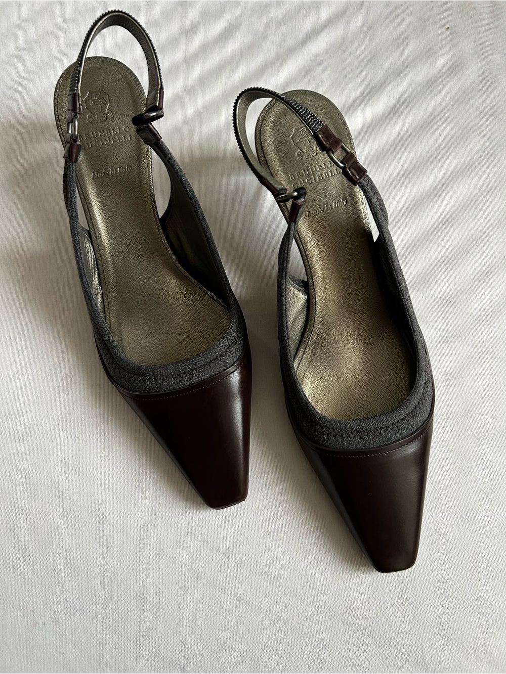 Brunello Cucinelli Slingback Pointed-Toe Pumps with monili trim